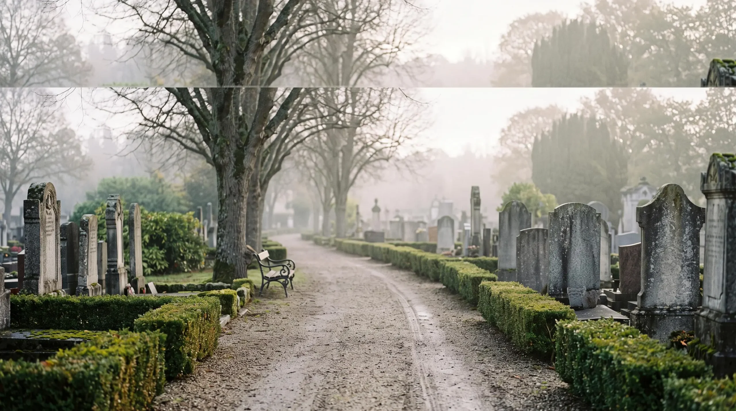 Allée d'un cimetière français bordée de pierres tombales en granit, dans une lumière douce et apaisante, symbolisant le choix du lieu de repos définitif
