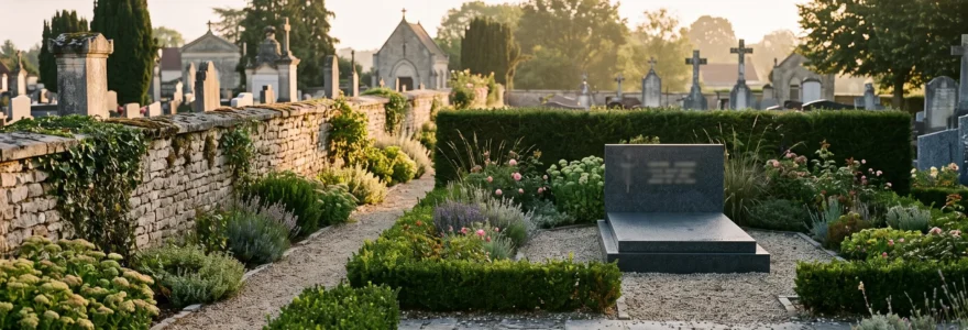 Cavurne en granit installée dans un jardin cinéraire d'un cimetière français, entourée de verdure et de pierre naturelle