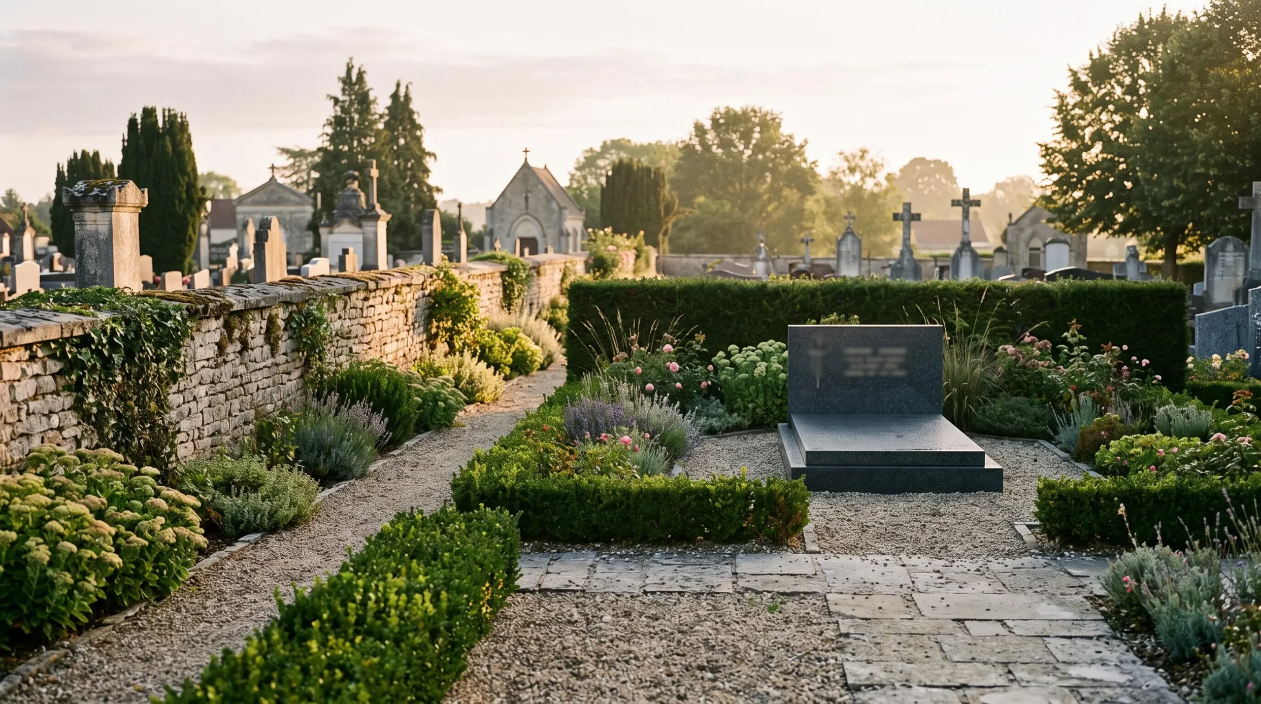 Cavurne en granit installée dans un jardin cinéraire d'un cimetière français, entourée de verdure et de pierre naturelle