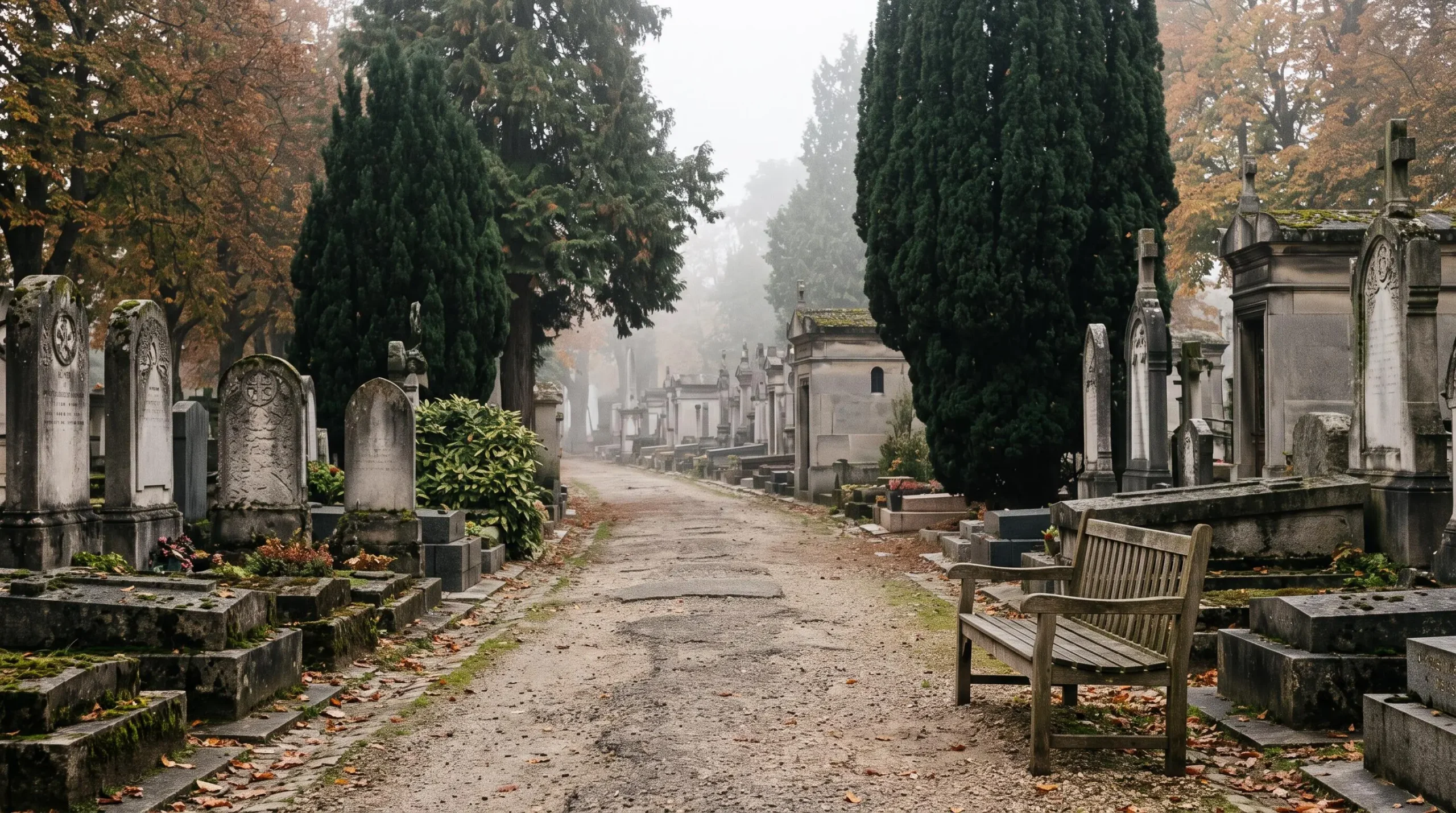Cimetiere francais paisible avec allee de pierres tombales et arbres, symbole de dignite lors d'une inhumation