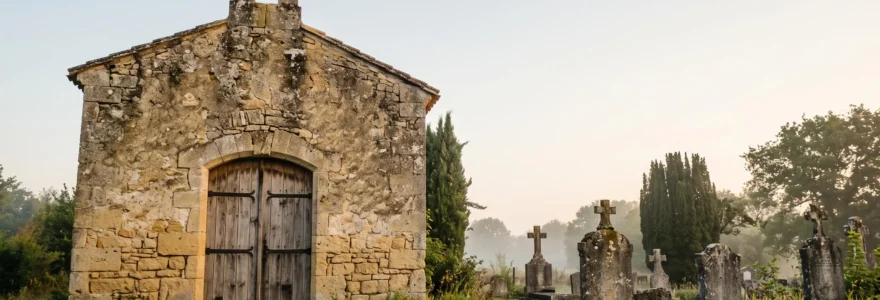 Chapelle en pierre française au lever du jour, symbole du recueillement et du respect des traditions religieuses lors d'une cérémonie funéraire