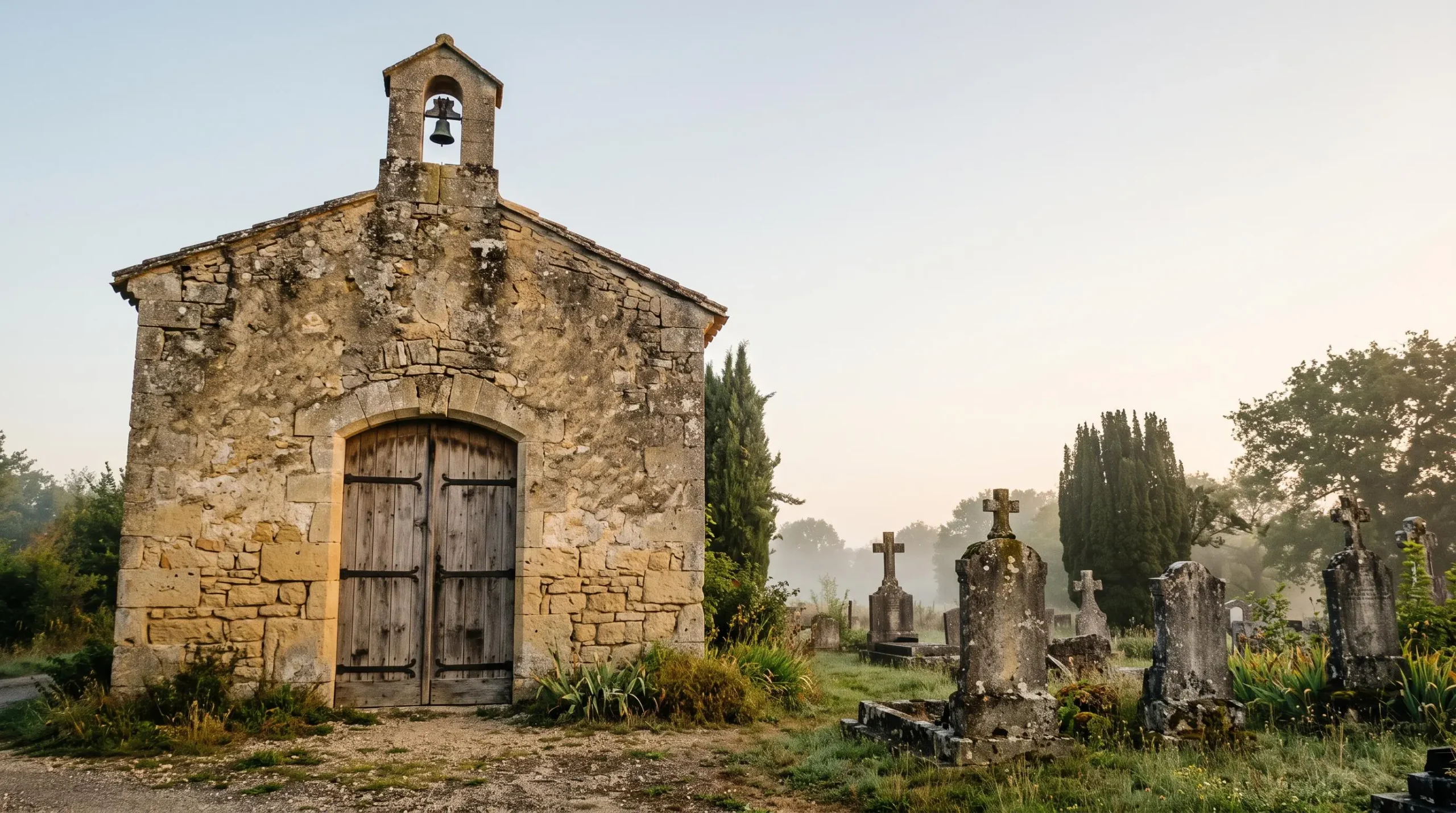 Chapelle en pierre française au lever du jour, symbole du recueillement et du respect des traditions religieuses lors d'une cérémonie funéraire