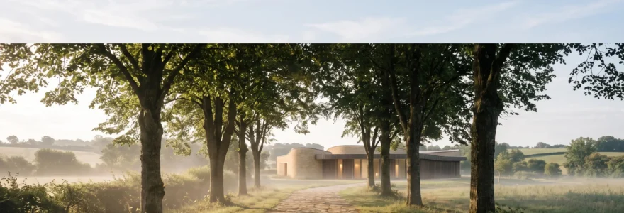 Allée arborée menant vers un crématorium moderne et lumineux, symbolisant le choix serein d'un lieu de recueillement