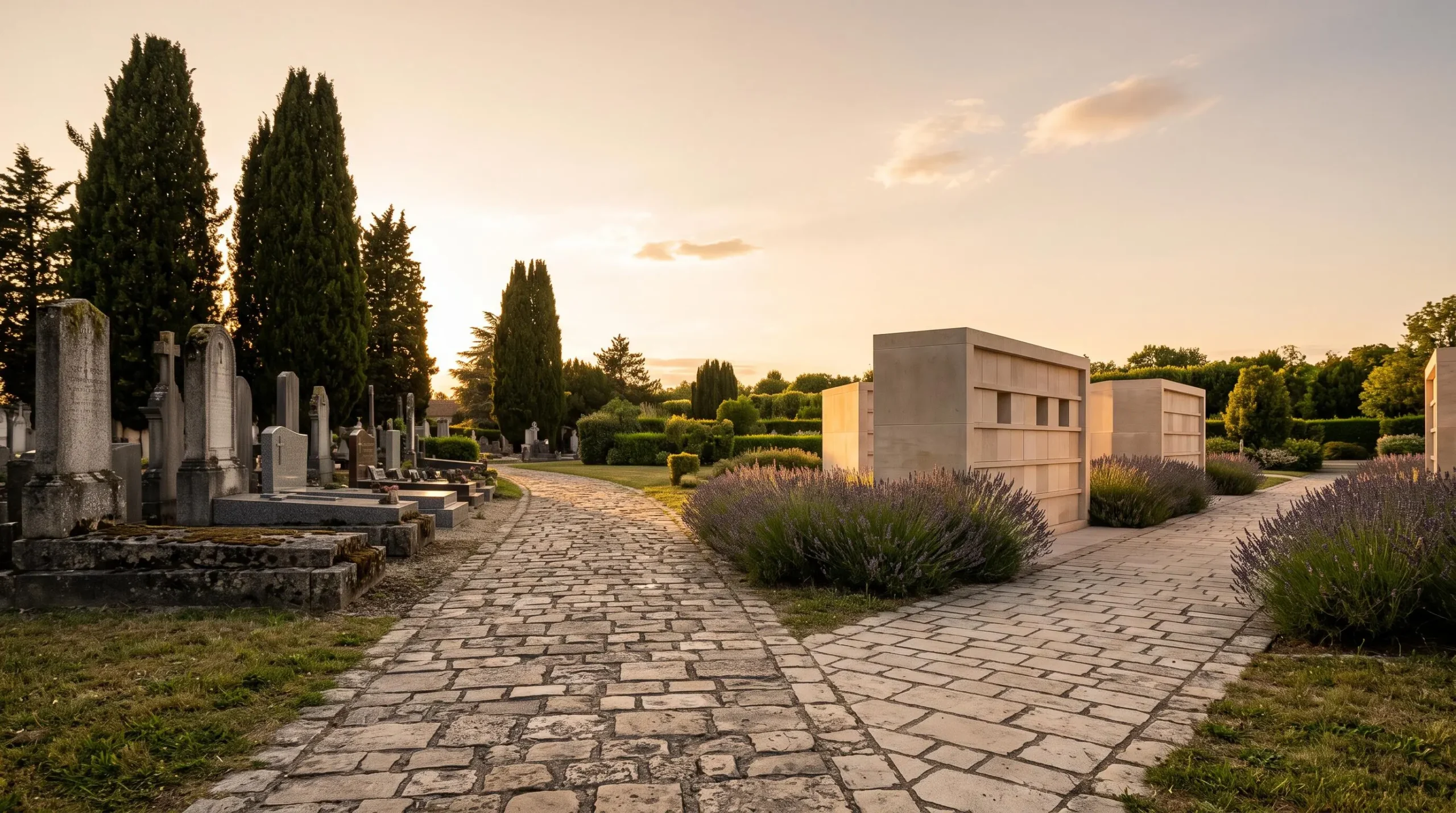 Un sentier en pierre se divisant en deux directions dans un cimetière-jardin français, symbolisant le choix entre inhumation et crémation