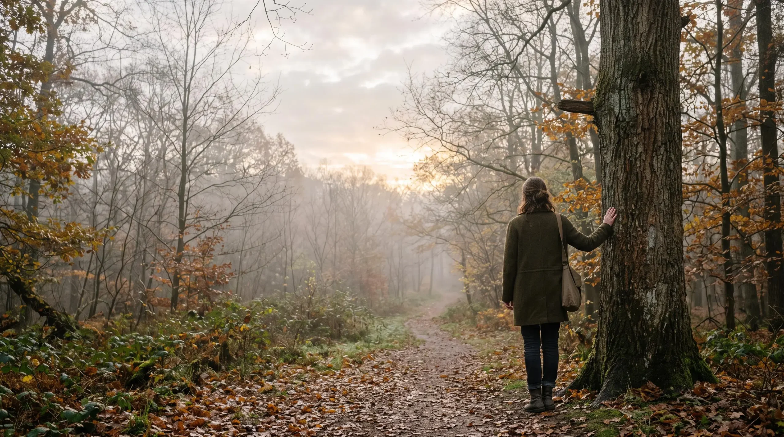 Personne seule marchant sur un chemin forestier brumeux au lever du jour, symbolisant le cheminement du deuil vers l'apaisement
