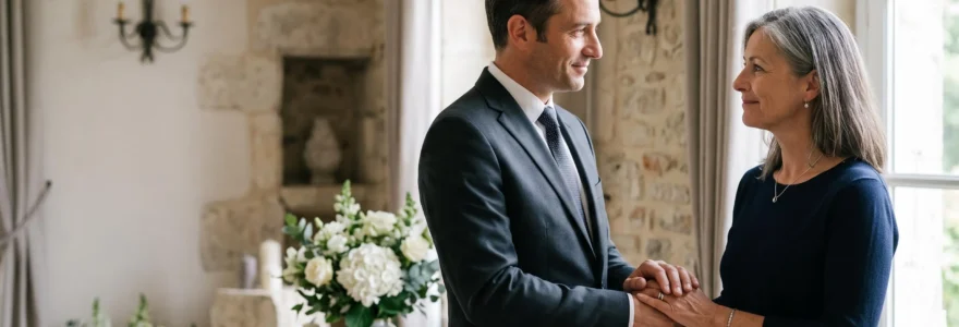 Conseiller funéraire accueillant une famille avec bienveillance dans une agence de pompes funèbres en France