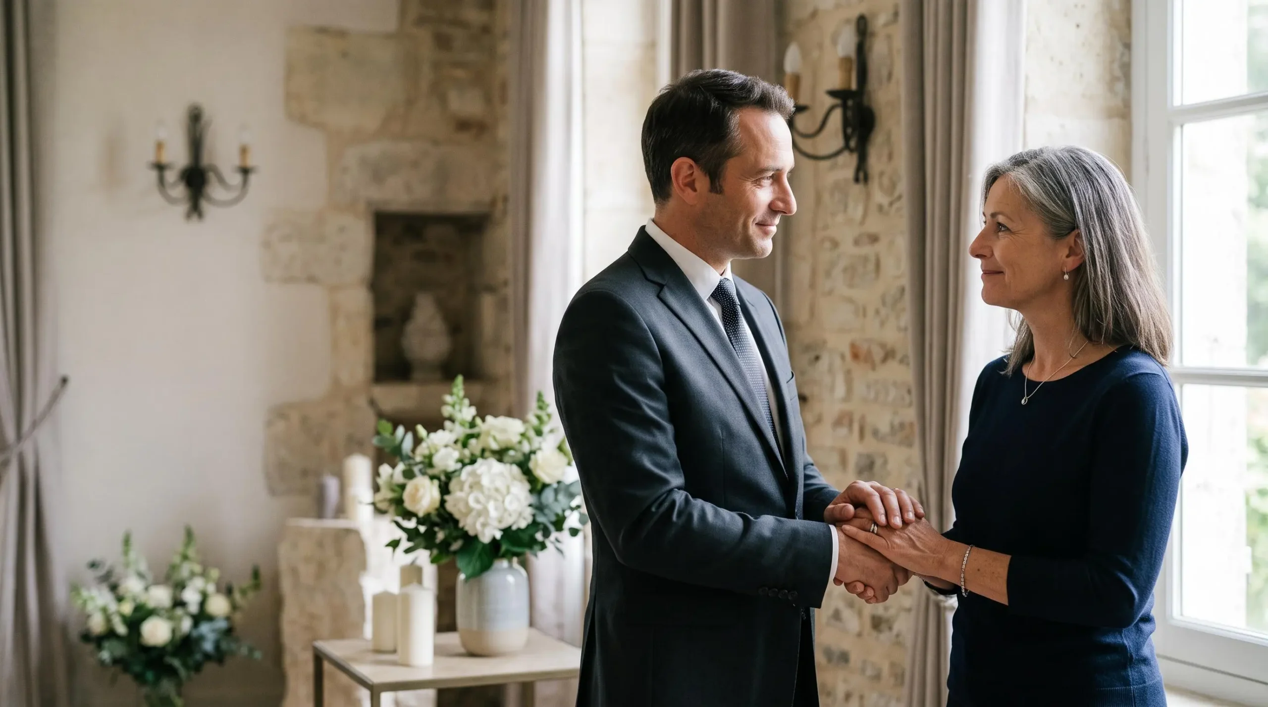 Conseiller funéraire accueillant une famille avec bienveillance dans une agence de pompes funèbres en France