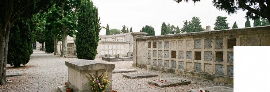 Espace cinéraire dans un cimetière français avec columbarium en pierre, cavurnes fleuries et monument cinéraire au petit matin