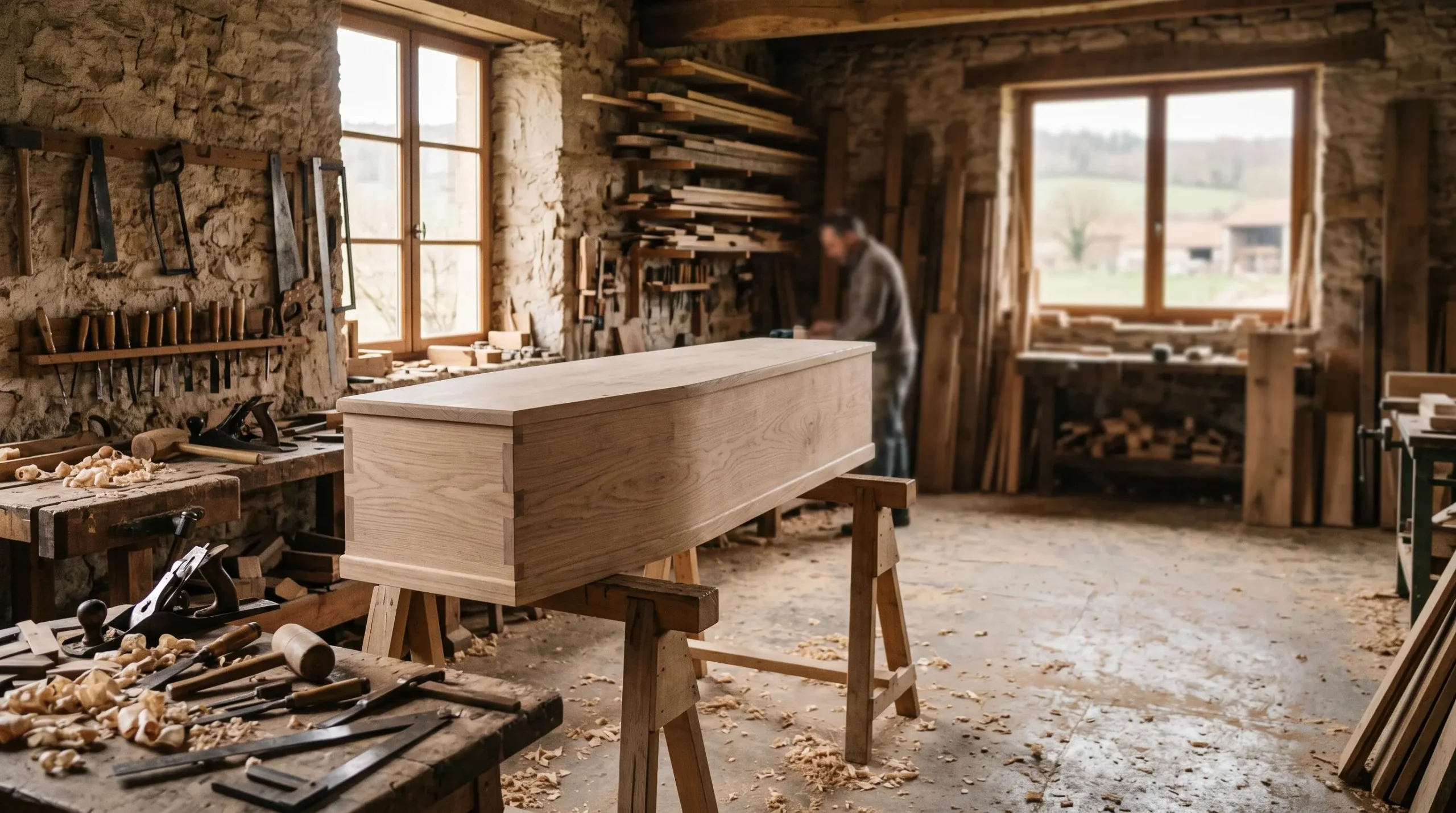 Atelier de menuiserie français baigné de lumière naturelle avec un cercueil en bois brut en cours de finition, symbole d'un choix funéraire sobre et respectueux