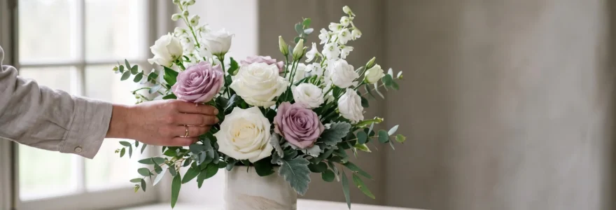Composition florale sobre en blanc et mauve posée avec délicatesse, symbolisant le choix juste des fleurs de condoléances