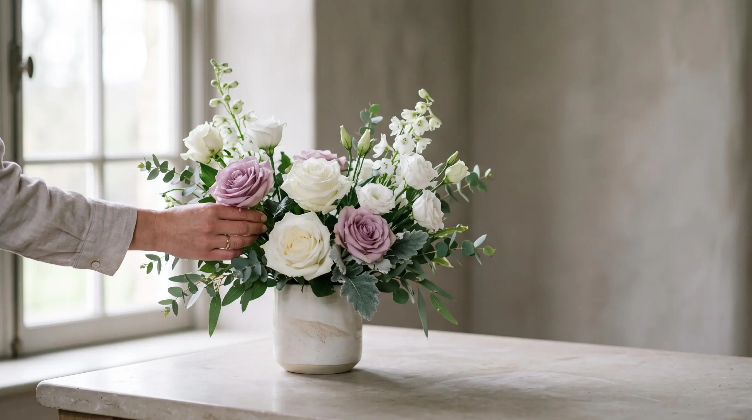 Composition florale sobre en blanc et mauve posée avec délicatesse, symbolisant le choix juste des fleurs de condoléances