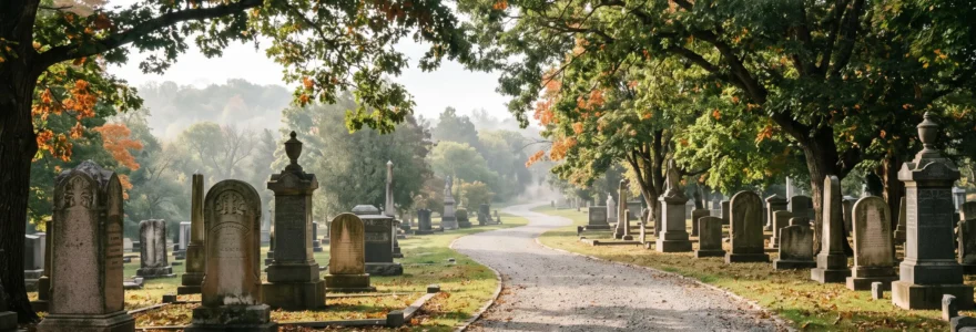 Allee ombragee d'un cimetiere paisible symbolisant le choix serein d'une sepulture definitive