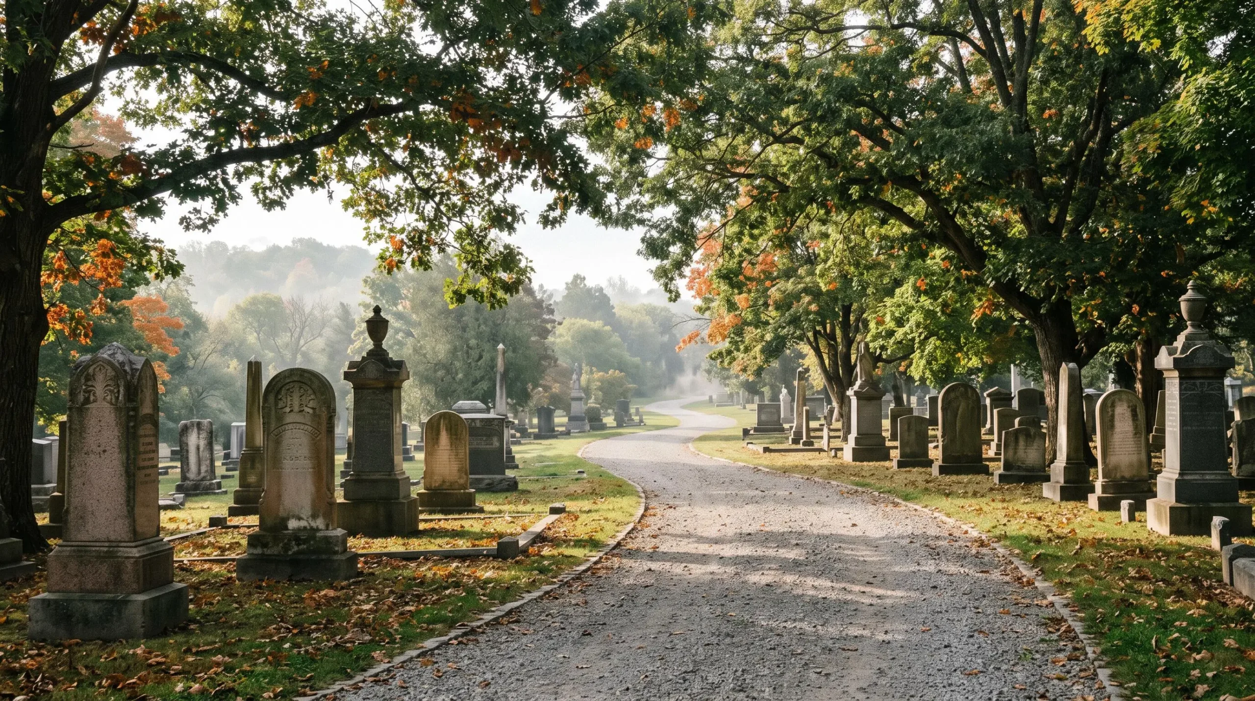Allee ombragee d'un cimetiere paisible symbolisant le choix serein d'une sepulture definitive