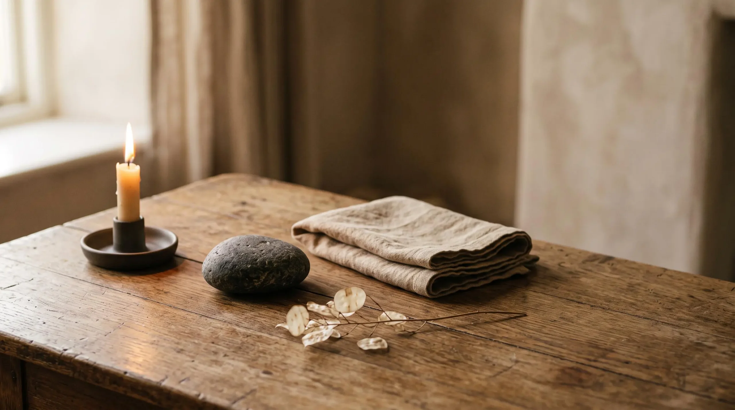 Nature morte symbolique évoquant la diversité des convictions spirituelles et laïques d'une personne disparue
