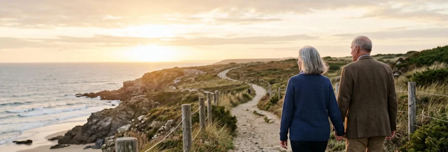 Couple de retraites francais marchant sur un sentier cotier au coucher du soleil, symbolisant la planification financiere sur le long terme