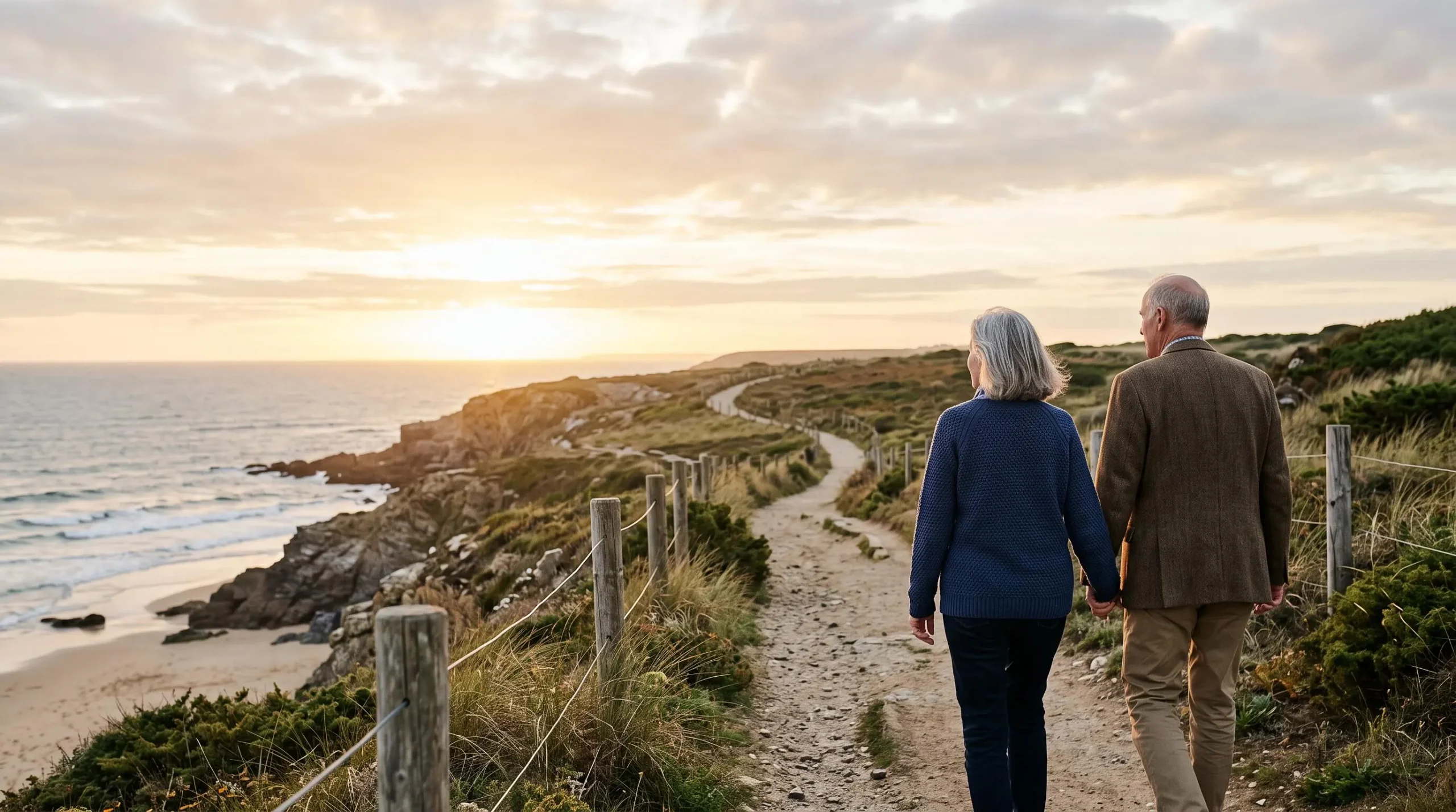 Couple de retraites francais marchant sur un sentier cotier au coucher du soleil, symbolisant la planification financiere sur le long terme