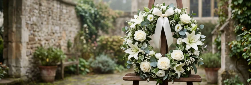 Couronne de fleurs blanches et vertes sur un chevalet en bois, lumière douce et naturelle, ambiance de recueillement