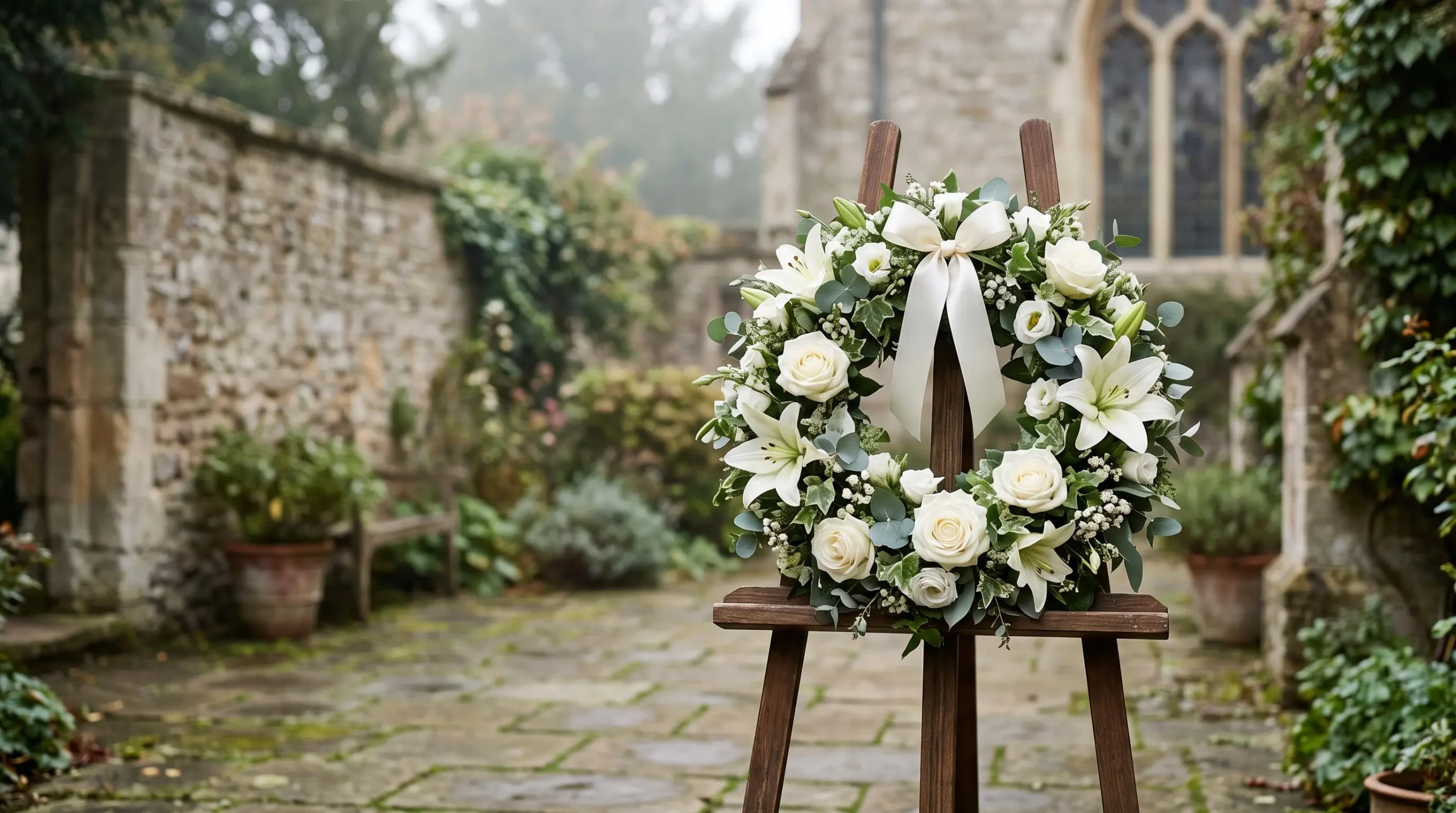 Couronne de fleurs blanches et vertes sur un chevalet en bois, lumière douce et naturelle, ambiance de recueillement
