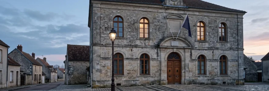 Facade d'une mairie francaise au petit matin, symbole du delai administratif de 24 heures pour declarer un deces
