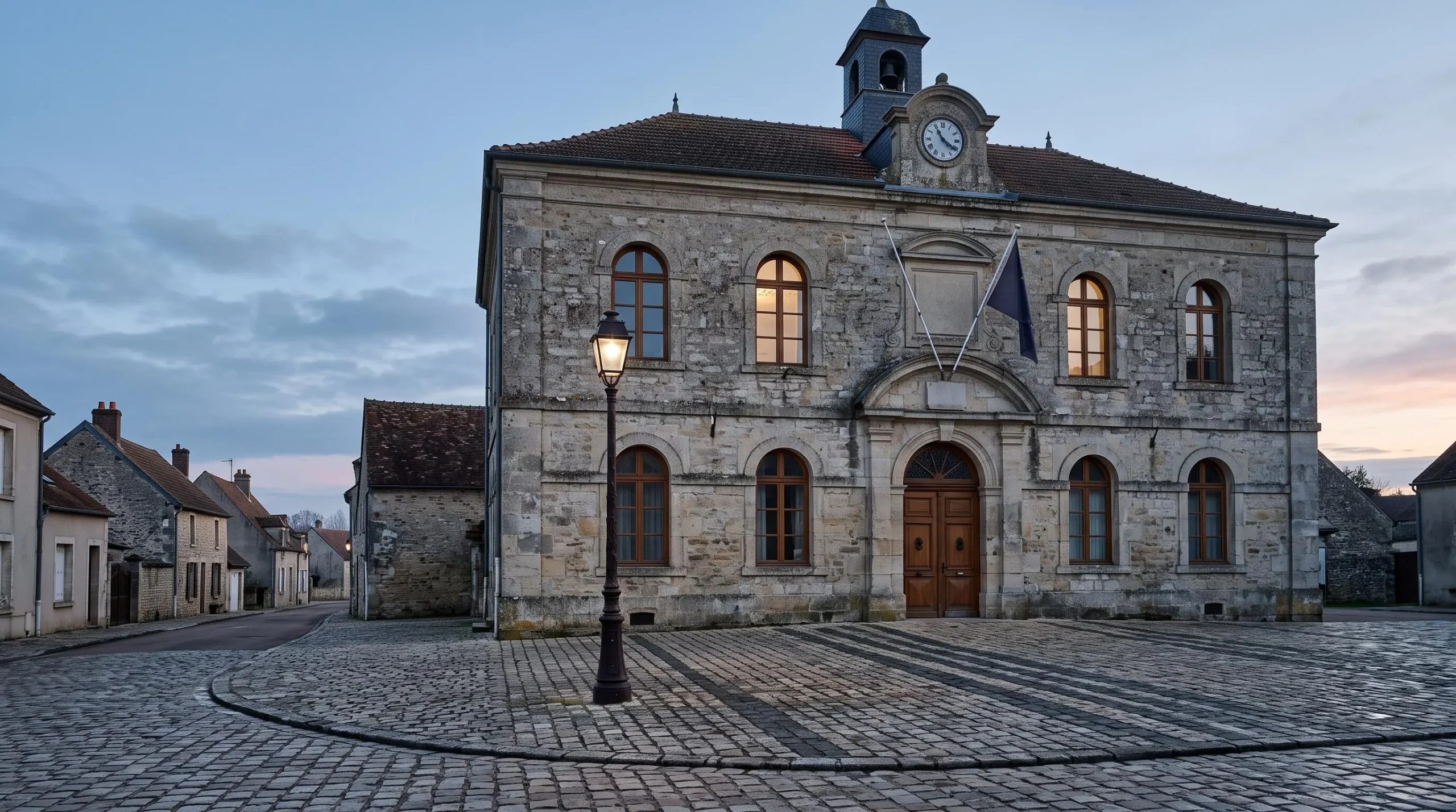 Facade d'une mairie francaise au petit matin, symbole du delai administratif de 24 heures pour declarer un deces