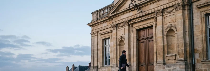 Facade d'une mairie francaise a l'aube symbolisant l'urgence administrative du delai de declaration de deces
