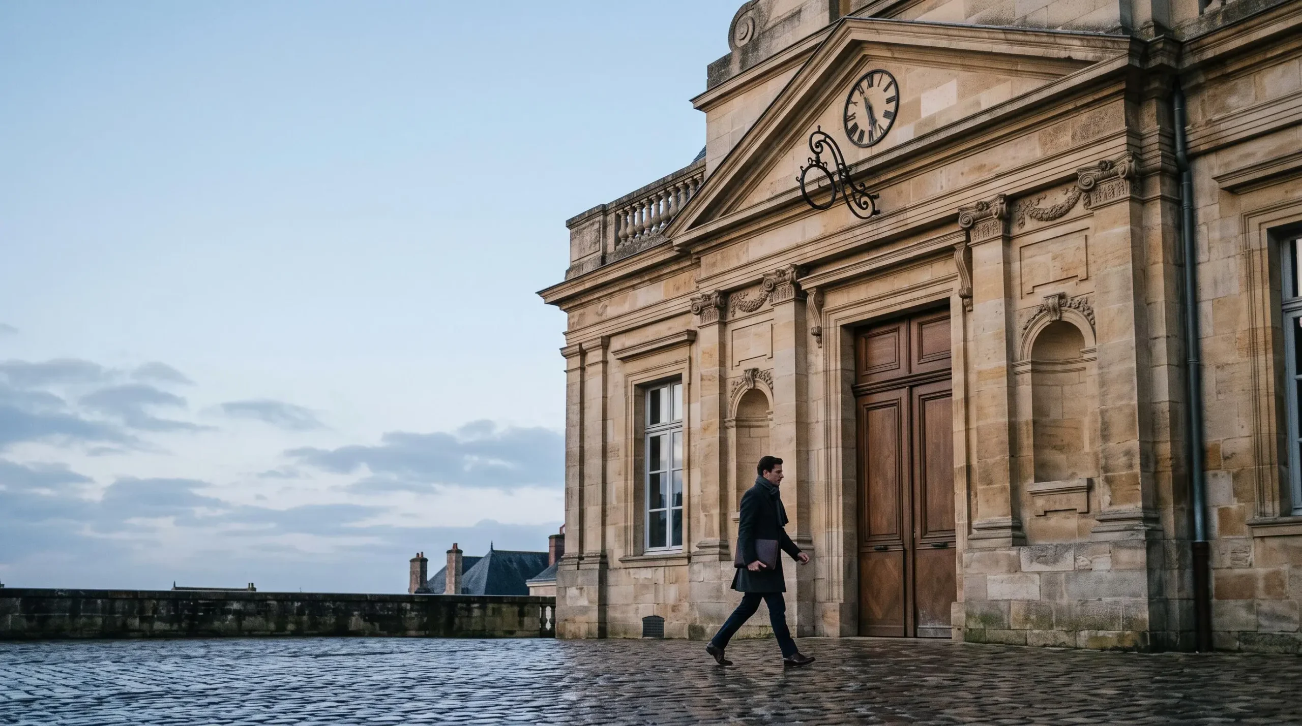 Facade d'une mairie francaise a l'aube symbolisant l'urgence administrative du delai de declaration de deces
