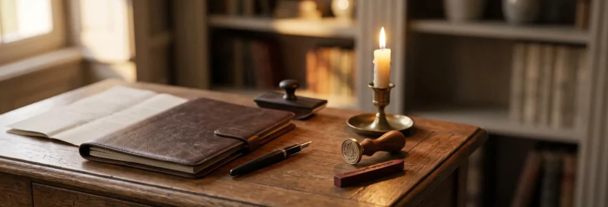 Bureau ancien en bois avec stylo plume, sceau de cire et lumière douce évoquant la rédaction de dispositions funéraires officielles