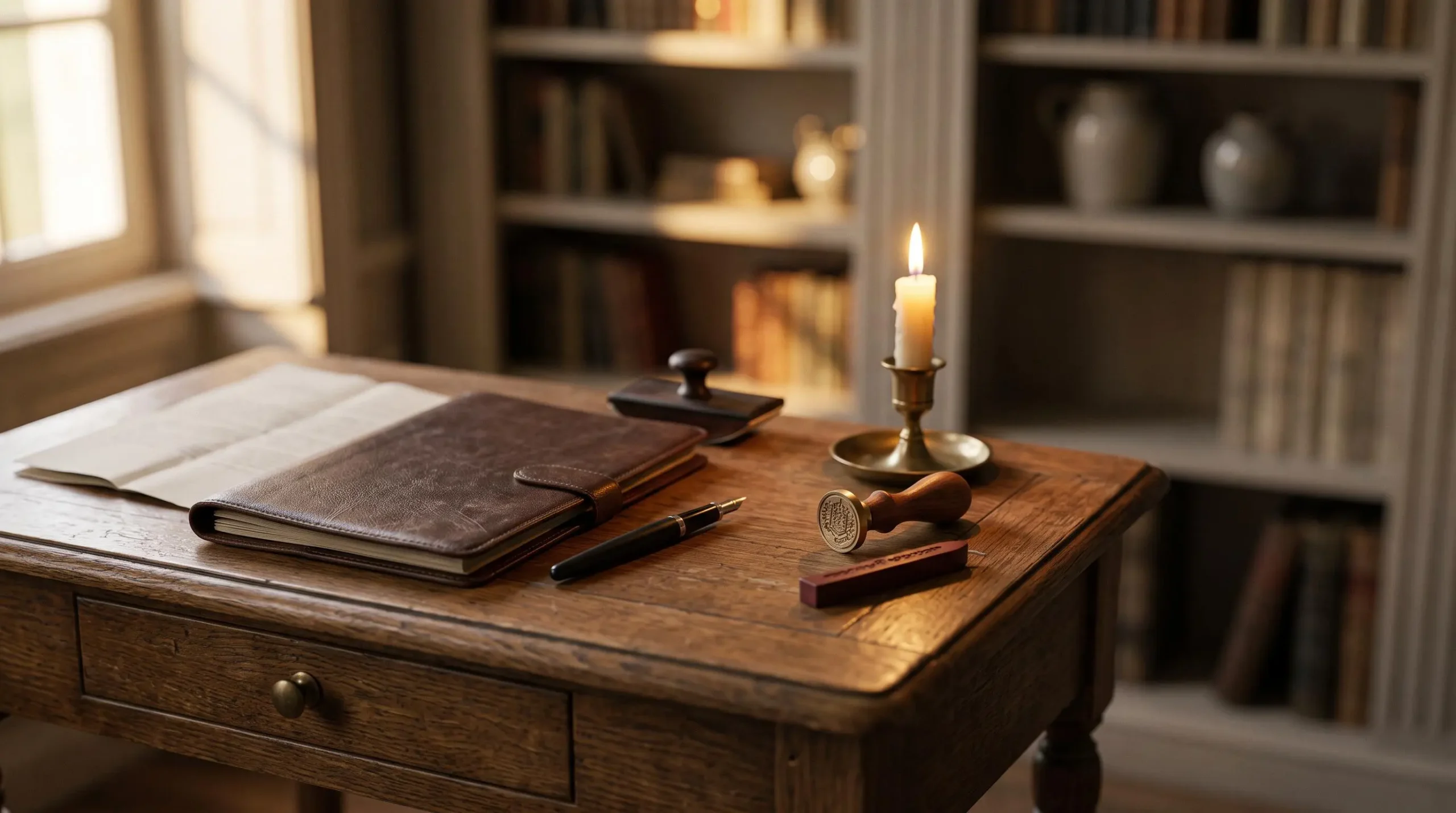 Bureau ancien en bois avec stylo plume, sceau de cire et lumière douce évoquant la rédaction de dispositions funéraires officielles