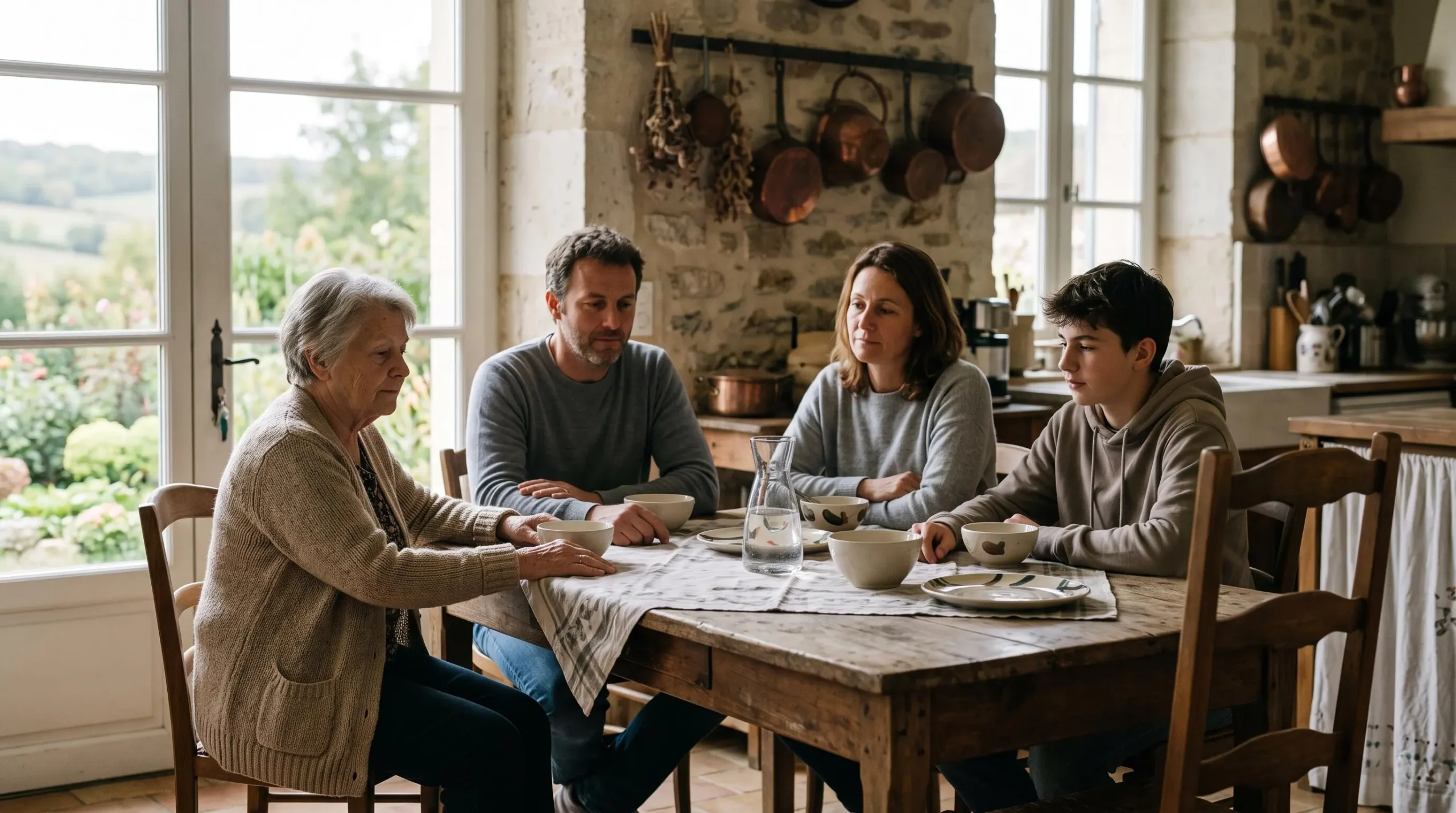 Famille française réunie autour d'une table en bois, symbolisant la reconstruction après le décès d'un proche