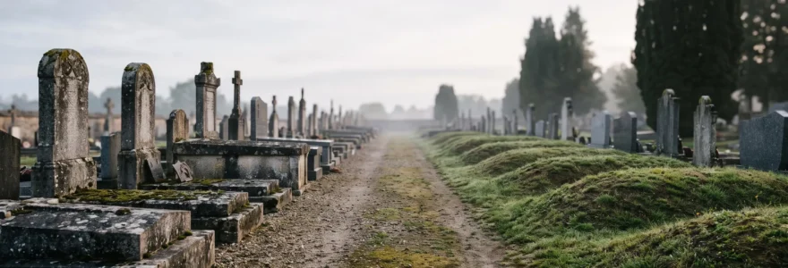 Vue d'ensemble d'un cimetière français illustrant la coexistence entre sépultures en pleine terre et caveaux en pierre