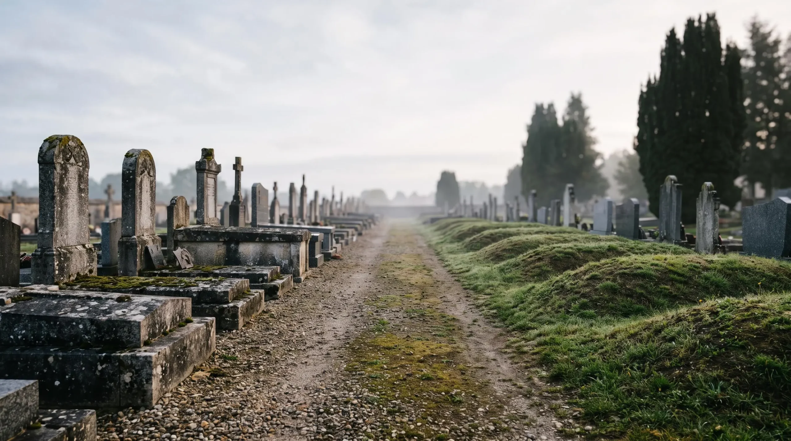 Vue d'ensemble d'un cimetière français illustrant la coexistence entre sépultures en pleine terre et caveaux en pierre
