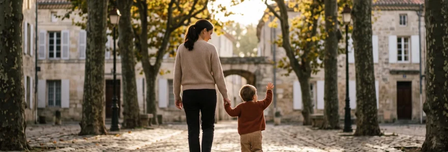 Parent et enfant marchant main dans la main vers un avenir protégé, symbolisant la transmission et la sécurité financière familiale