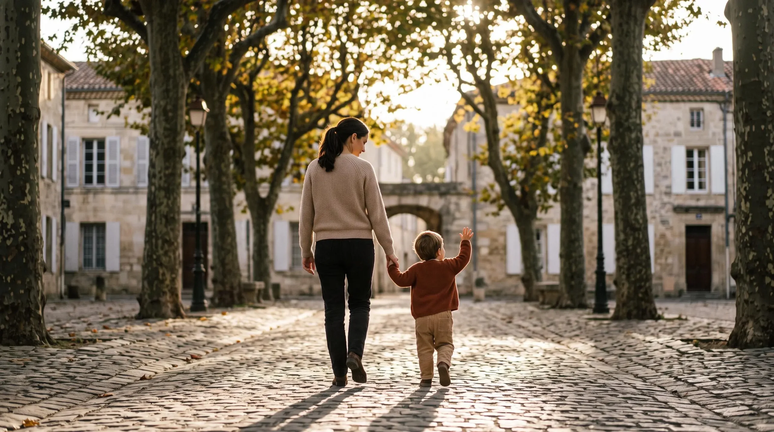 Parent et enfant marchant main dans la main vers un avenir protégé, symbolisant la transmission et la sécurité financière familiale