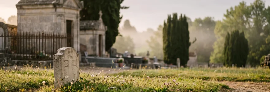 Tombe en pleine terre recouverte d'herbe et de fleurs sauvages dans un cimetière français traditionnel, en contraste doux avec des caveaux en pierre à l'arrière-plan