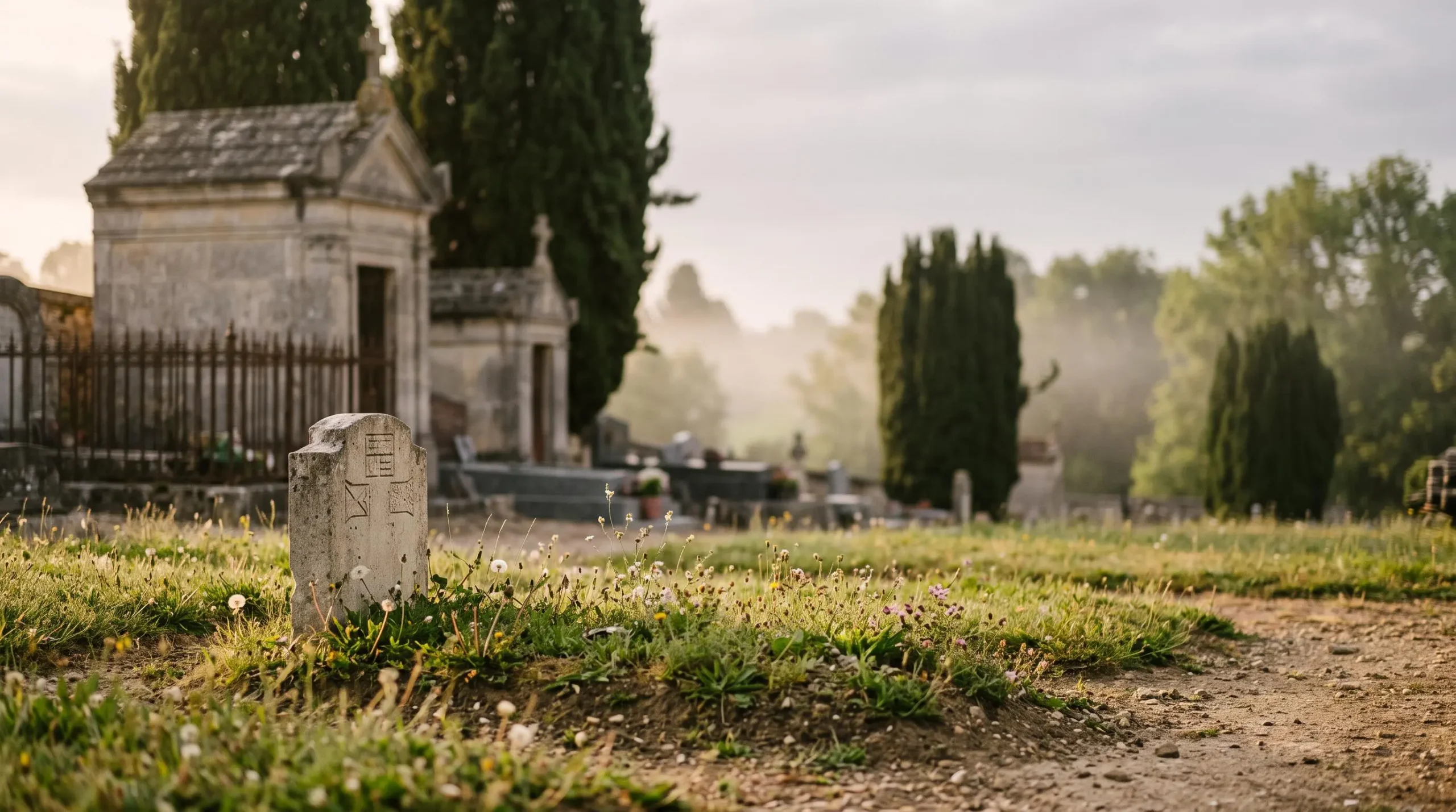 Tombe en pleine terre recouverte d'herbe et de fleurs sauvages dans un cimetière français traditionnel, en contraste doux avec des caveaux en pierre à l'arrière-plan