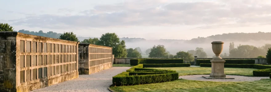 Columbarium et jardin du souvenir dans un cimetière français, symbole du cadre légal des cendres funéraires depuis 2008