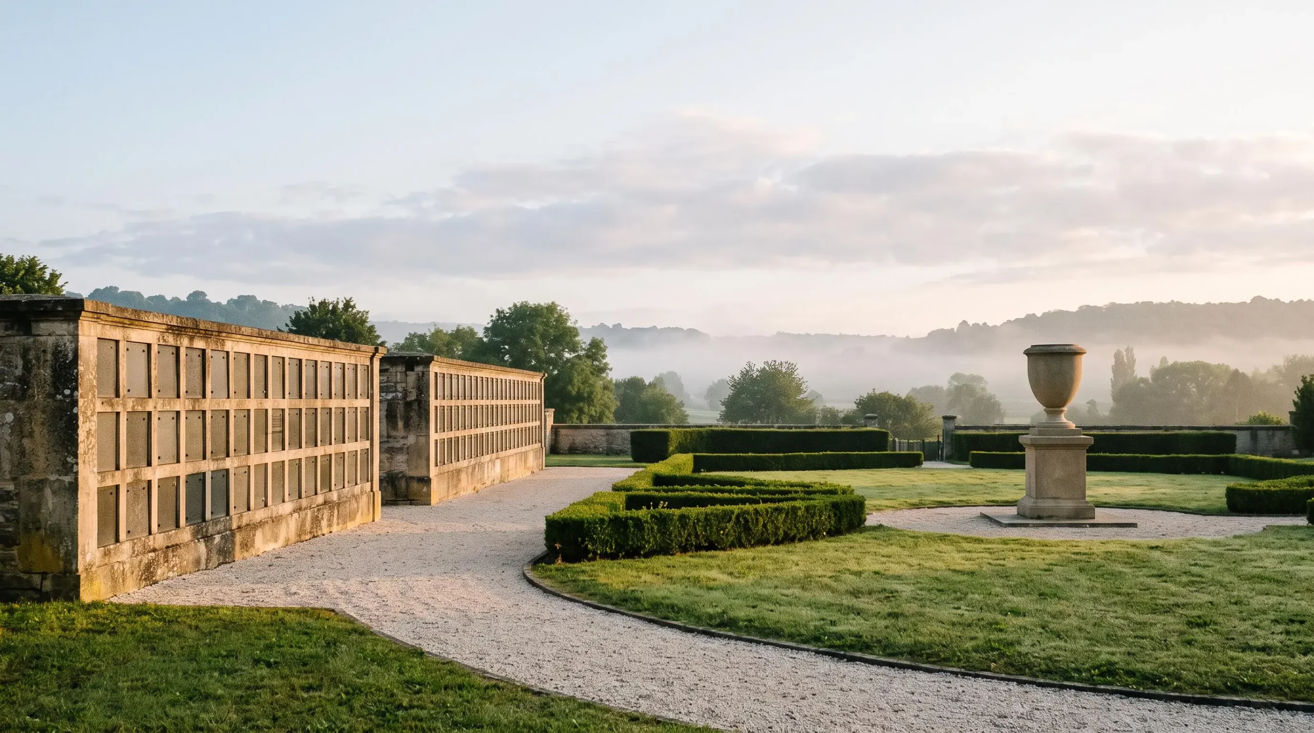 Columbarium et jardin du souvenir dans un cimetière français, symbole du cadre légal des cendres funéraires depuis 2008