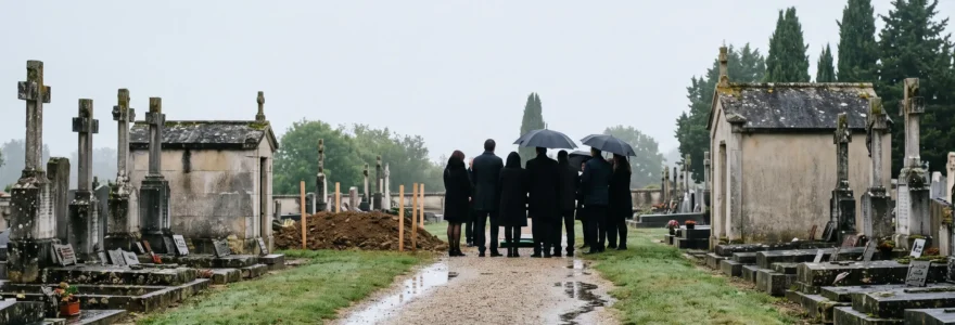 Scène contemplative au cimetière français au moment du recueillement avant la mise en terre du cercueil