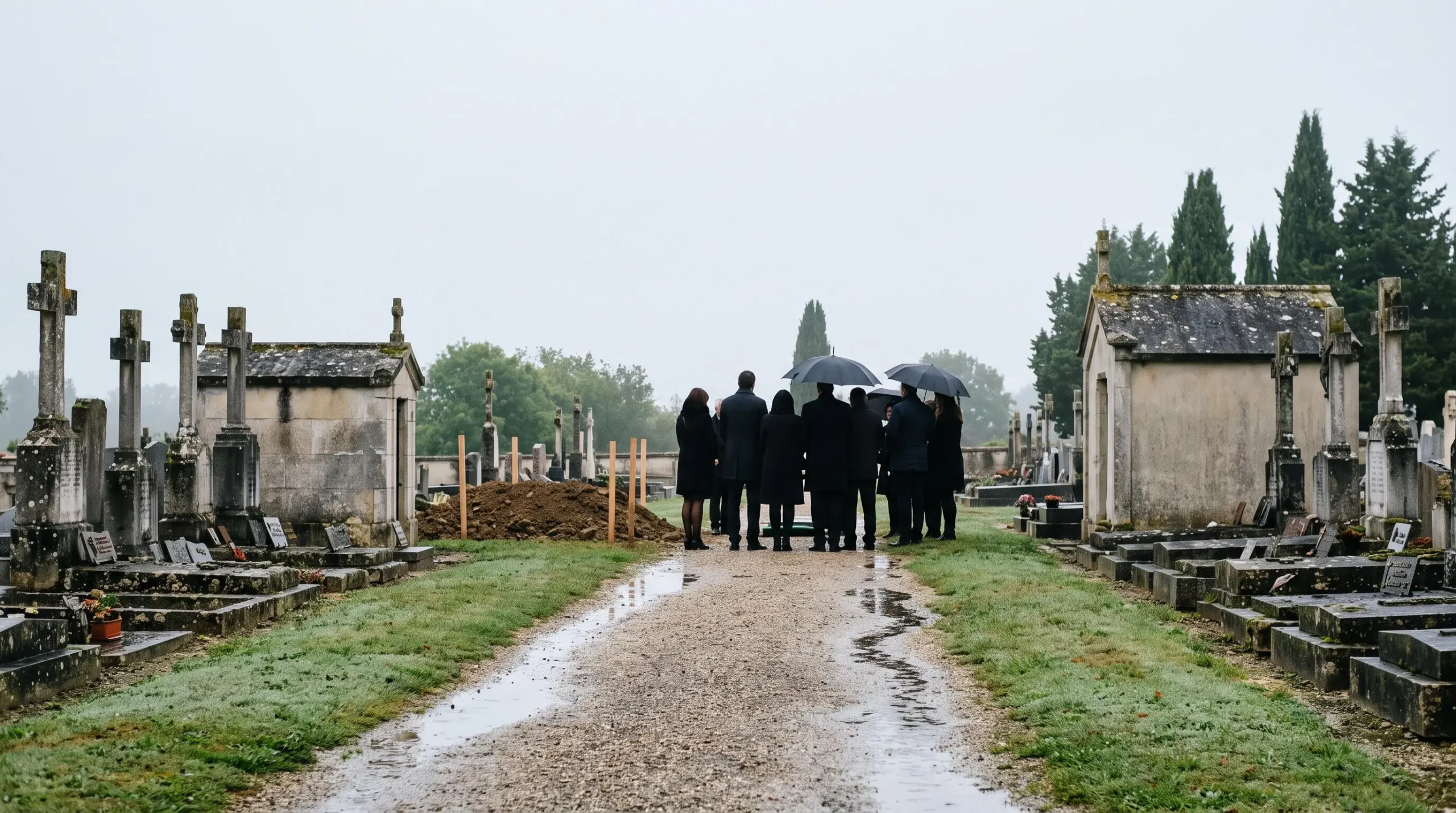Scène contemplative au cimetière français au moment du recueillement avant la mise en terre du cercueil