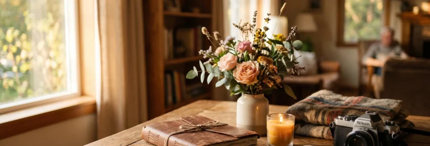 Table de cérémonie funéraire personnalisée avec objets souvenirs, fleurs et lumière douce évoquant un hommage unique