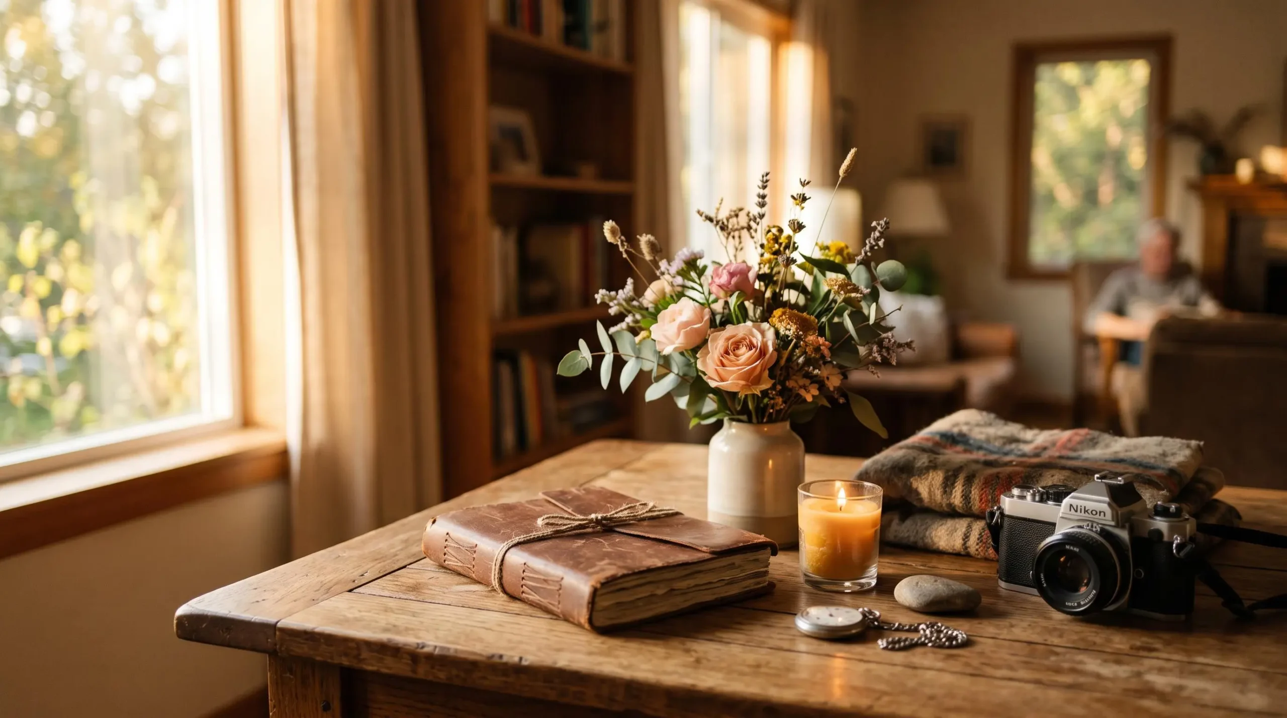 Table de cérémonie funéraire personnalisée avec objets souvenirs, fleurs et lumière douce évoquant un hommage unique