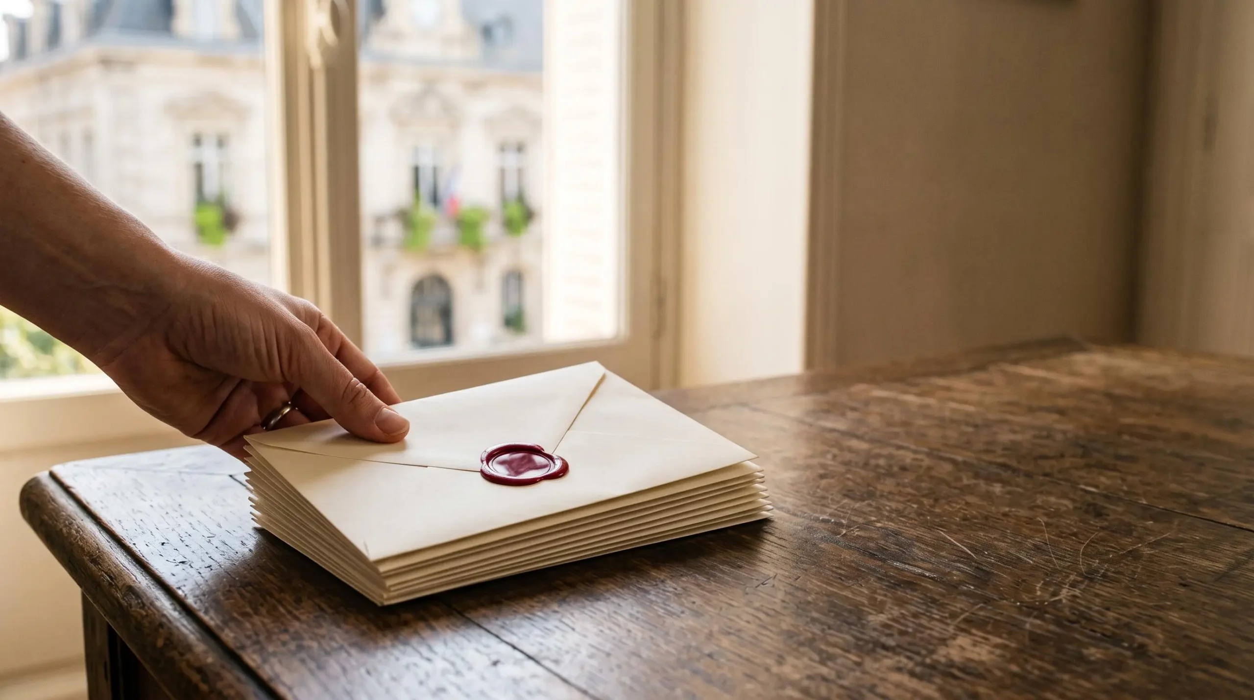Enveloppe officielle scellée posée sur un bureau en bois, symbolisant les démarches administratives après un décès en France