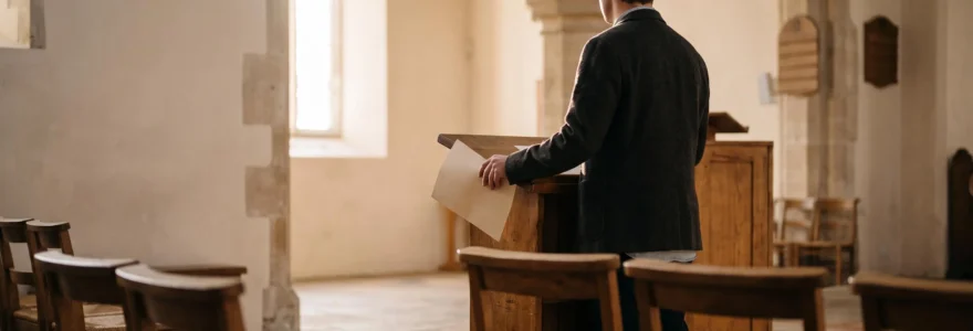 Silhouette d'une personne debout devant une assemblée recueillie, tenant une feuille pliée, dans une lumière douce et solennelle