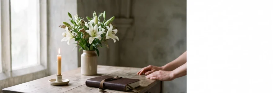 Table en bois avec une bougie allumee, des fleurs blanches et un carnet ferme, symbolisant l'organisation sereine et methodique des obseques