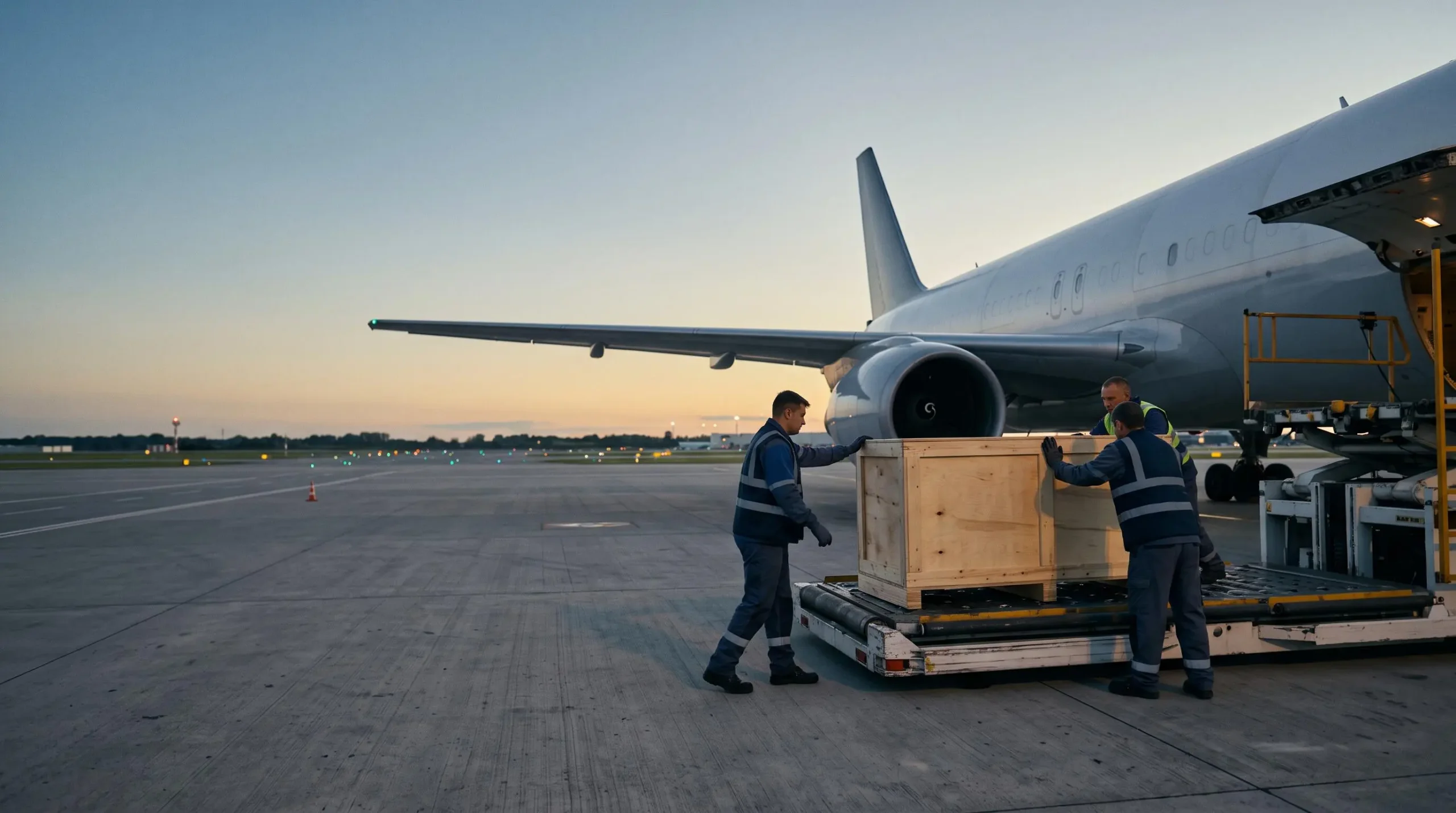 Cercueil de voyage recouvert d'un drapeau neutre chargé dans la soute d'un avion cargo au crépuscule, symbolisant le rapatriement funéraire international