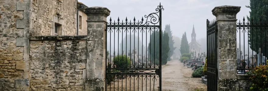 Portail en fer forge d'un cimetiere communal francais symbolisant la demarche du permis d'inhumer aupres de la mairie