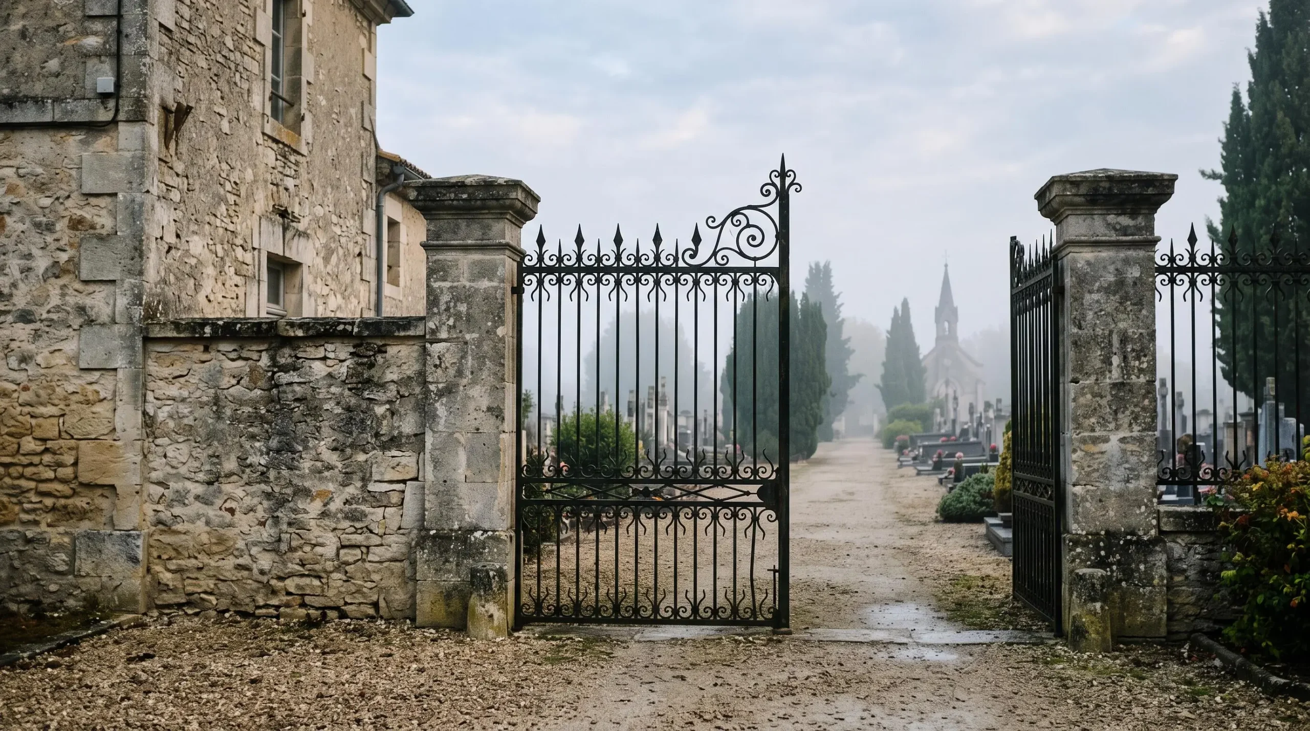 Portail en fer forge d'un cimetiere communal francais symbolisant la demarche du permis d'inhumer aupres de la mairie
