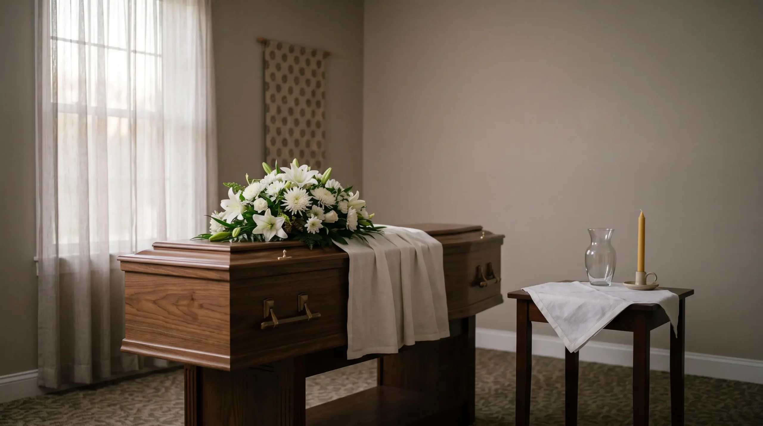 Chambre funéraire silencieuse avec un cercueil fermé entouré de fleurs blanches et lumière douce, symbolisant la préparation respectueuse du corps avant les obsèques
