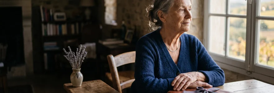 Une personne âgée assise sereinement près d'une fenêtre, rédigeant ses volontés dans un cadre chaleureux et familial en France
