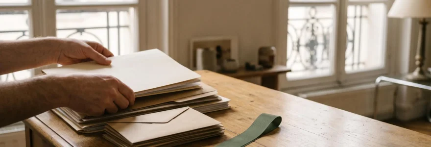 Mains organisant methodiquement des dossiers vierges sur un bureau en bois, symbolisant la priorisation des demarches administratives apres un deces en France